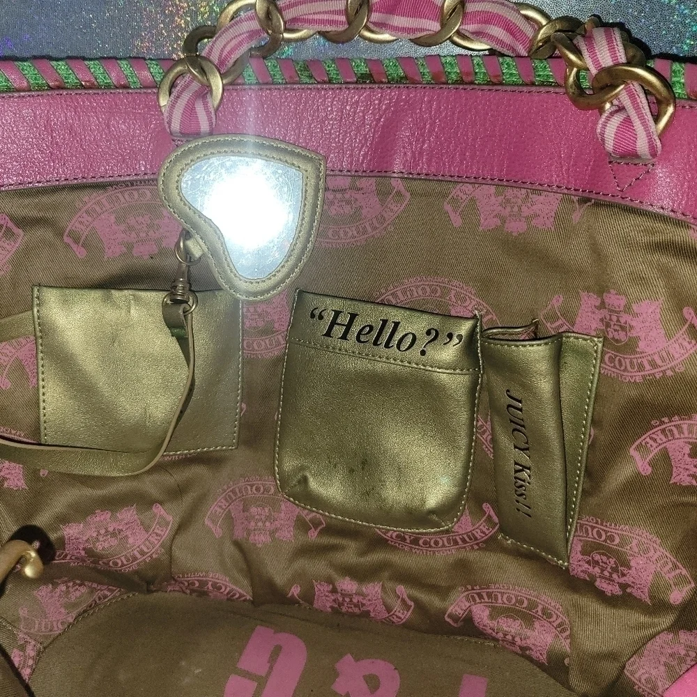 Y2K Vintage Juicy Couture XL Green & Pink Straw Tote Shopper Beach Bag Purse